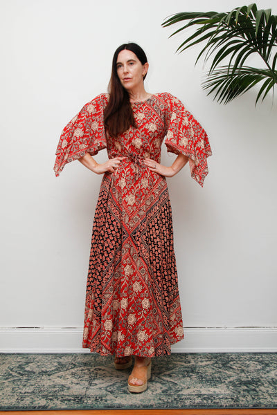 Vintage 1970s Indian Block Print Cotton Dress, Red Bohemian Kaftan Maxi