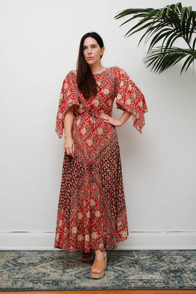 Vintage 1970s Indian Block Print Cotton Dress, Red Bohemian Kaftan Maxi