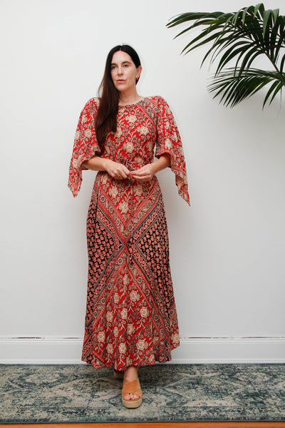 Vintage 1970s Indian Block Print Cotton Dress, Red Bohemian Kaftan Maxi