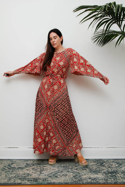 Vintage 1970s Indian Block Print Cotton Dress, Red Bohemian Kaftan Maxi