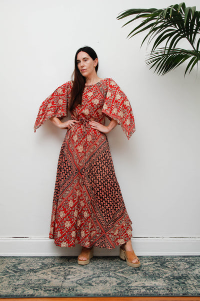 Vintage 1970s Indian Block Print Cotton Dress, Red Bohemian Kaftan Maxi