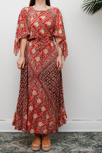 Vintage 1970s Indian Block Print Cotton Dress, Red Bohemian Kaftan Maxi