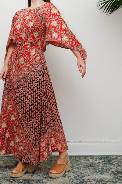 Vintage 1970s Indian Block Print Cotton Dress, Red Bohemian Kaftan Maxi