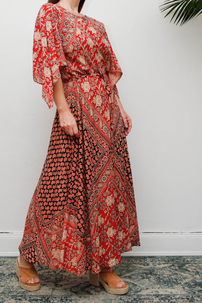 Vintage 1970s Indian Block Print Cotton Dress, Red Bohemian Kaftan Maxi