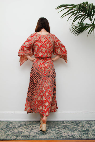 Vintage 1970s Indian Block Print Cotton Dress, Red Bohemian Kaftan Maxi