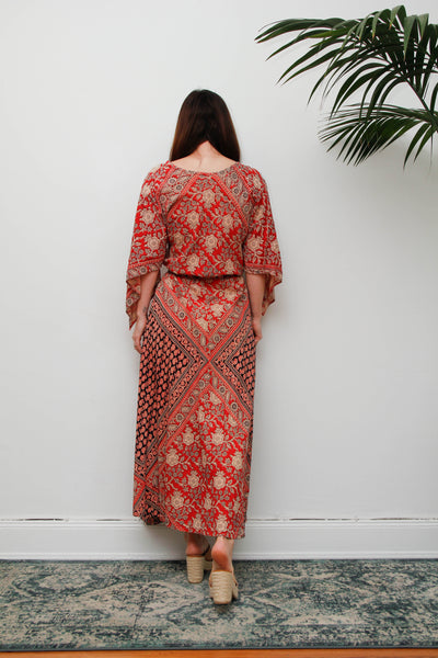 Vintage 1970s Indian Block Print Cotton Dress, Red Bohemian Kaftan Maxi