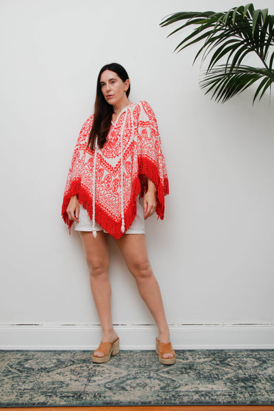 Vintage 1970s Towelling Kaftan Poncho Top, Red Paisley Bohemian Cotton
