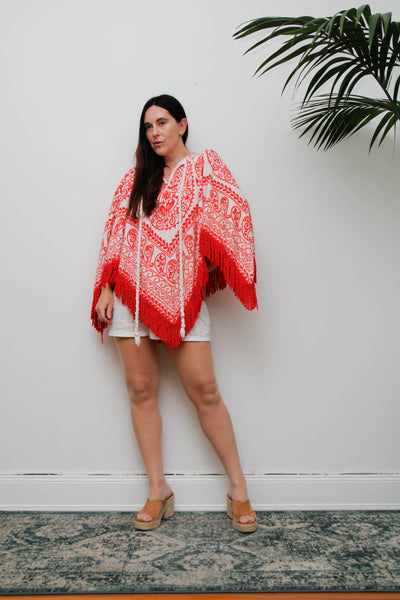 Vintage 1970s Towelling Kaftan Poncho Top, Red Paisley Bohemian Cotton