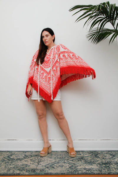 Vintage 1970s Towelling Kaftan Poncho Top, Red Paisley Bohemian Cotton
