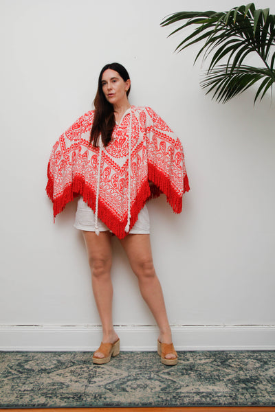 Vintage 1970s Towelling Kaftan Poncho Top, Red Paisley Bohemian Cotton