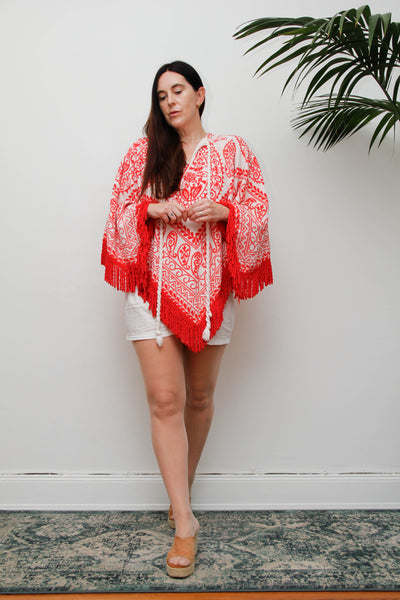 Vintage 1970s Towelling Kaftan Poncho Top, Red Paisley Bohemian Cotton