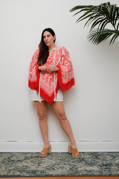 Vintage 1970s Towelling Kaftan Poncho Top, Red Paisley Bohemian Cotton