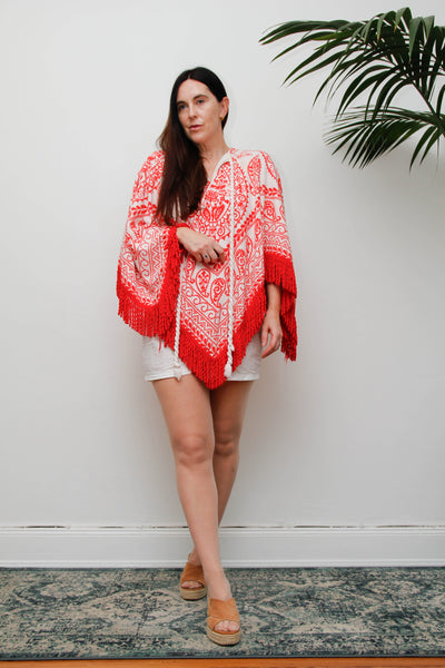 Vintage 1970s Towelling Kaftan Poncho Top, Red Paisley Bohemian Cotton