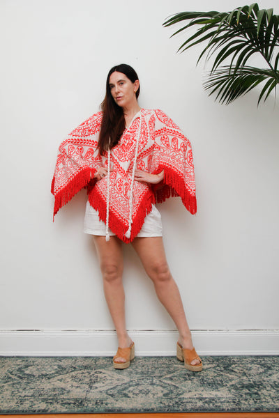 Vintage 1970s Towelling Kaftan Poncho Top, Red Paisley Bohemian Cotton