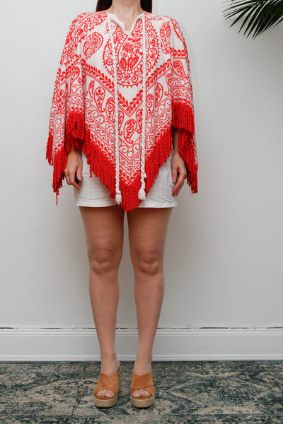 Vintage 1970s Towelling Kaftan Poncho Top, Red Paisley Bohemian Cotton