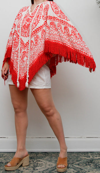 Vintage 1970s Towelling Kaftan Poncho Top, Red Paisley Bohemian Cotton