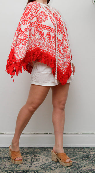 Vintage 1970s Towelling Kaftan Poncho Top, Red Paisley Bohemian Cotton