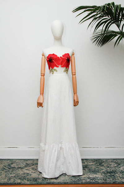 Vintage Strapless Cotton Dress, Cream Poppy Floral Bohemian Maxi