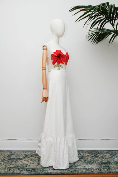 Vintage Strapless Cotton Dress, Cream Poppy Floral Bohemian Maxi