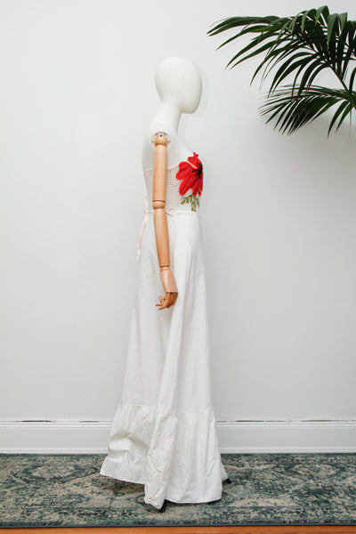 Vintage Strapless Cotton Dress, Cream Poppy Floral Bohemian Maxi