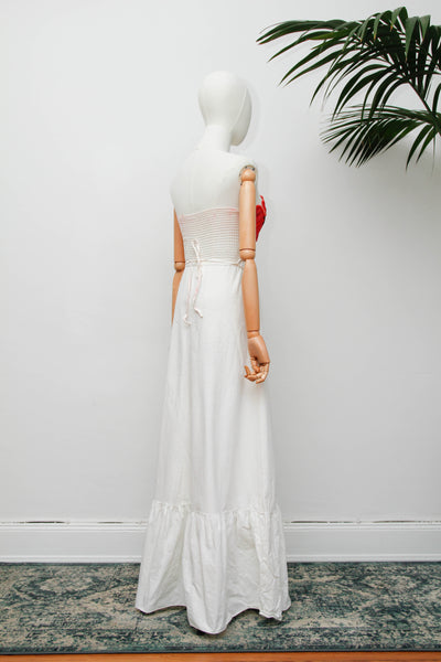 Vintage Strapless Cotton Dress, Cream Poppy Floral Bohemian Maxi