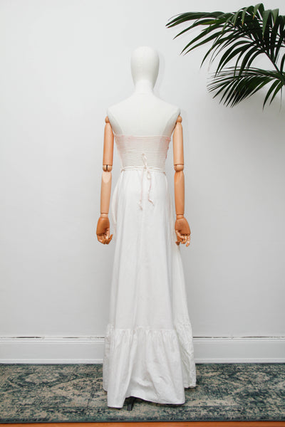 Vintage Strapless Cotton Dress, Cream Poppy Floral Bohemian Maxi