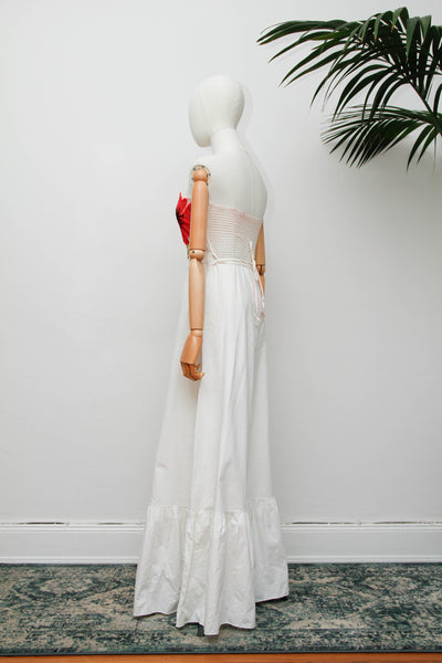 Vintage Strapless Cotton Dress, Cream Poppy Floral Bohemian Maxi