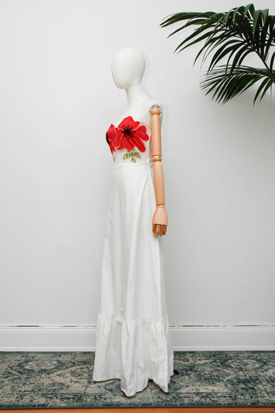 Vintage Strapless Cotton Dress, Cream Poppy Floral Bohemian Maxi