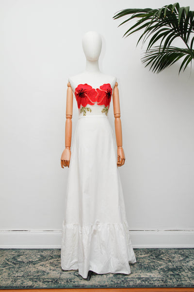 Vintage Strapless Cotton Dress, Cream Poppy Floral Bohemian Maxi