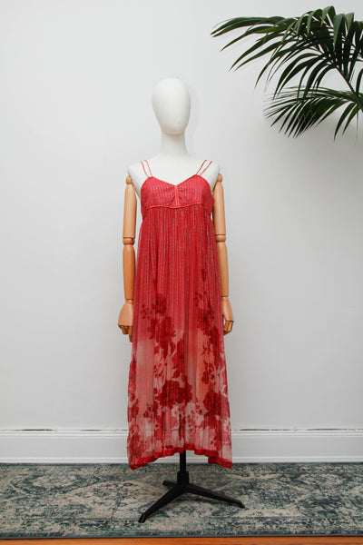 Vintage Indian Two Piece Set, Floral Gauze Dress and Cotton Waistcoat