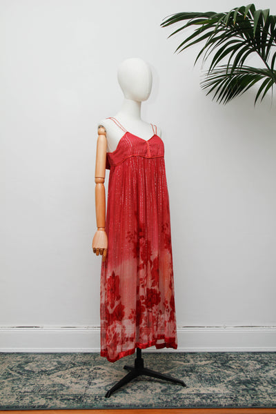 Vintage Indian Two Piece Set, Floral Gauze Dress and Cotton Waistcoat