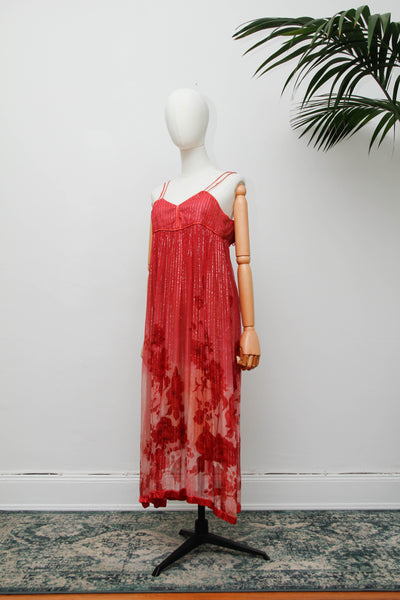 Vintage Indian Two Piece Set, Floral Gauze Dress and Cotton Waistcoat