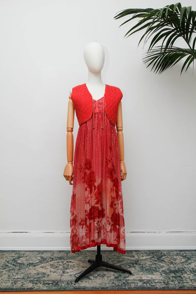 Vintage Indian Two Piece Set, Floral Gauze Dress and Cotton Waistcoat