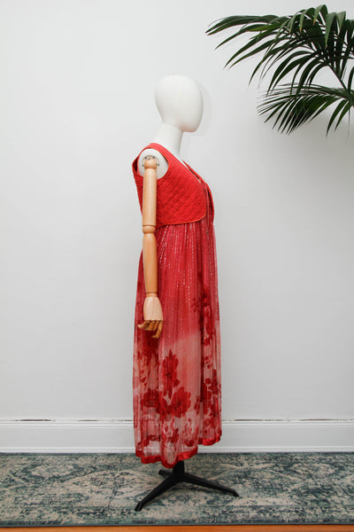 Vintage Indian Two Piece Set, Floral Gauze Dress and Cotton Waistcoat