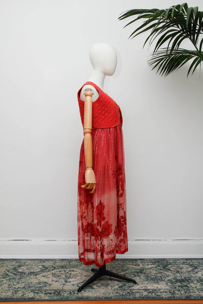 Vintage Indian Two Piece Set, Floral Gauze Dress and Cotton Waistcoat