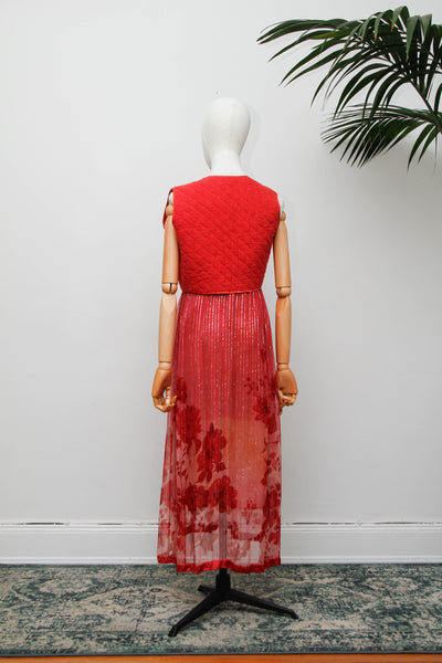 Vintage Indian Two Piece Set, Floral Gauze Dress and Cotton Waistcoat