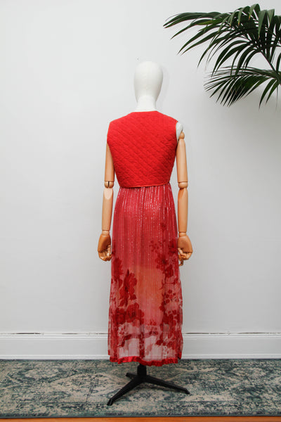 Vintage Indian Two Piece Set, Floral Gauze Dress and Cotton Waistcoat