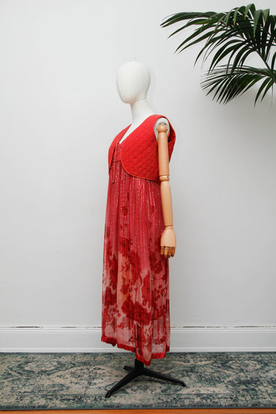 Vintage Indian Two Piece Set, Floral Gauze Dress and Cotton Waistcoat