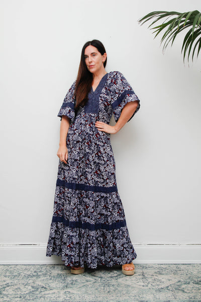 Vintage Cotton Kaftan Dress, Navy Ditsy Floral Bohemian Maxi