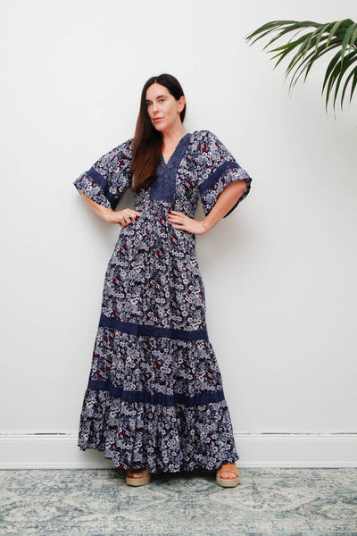 Vintage Cotton Kaftan Dress, Navy Ditsy Floral Bohemian Maxi