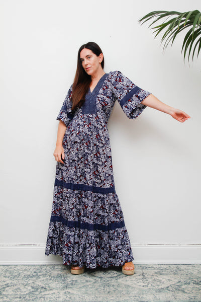 Vintage Cotton Kaftan Dress, Navy Ditsy Floral Bohemian Maxi