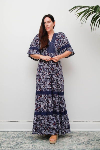 Vintage Cotton Kaftan Dress, Navy Ditsy Floral Bohemian Maxi