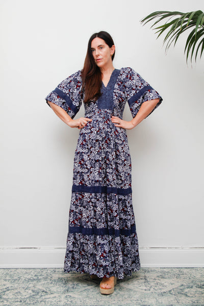 Vintage Cotton Kaftan Dress, Navy Ditsy Floral Bohemian Maxi