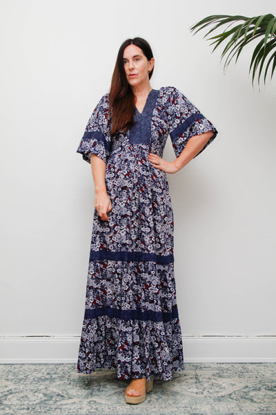 Vintage Cotton Kaftan Dress, Navy Ditsy Floral Bohemian Maxi