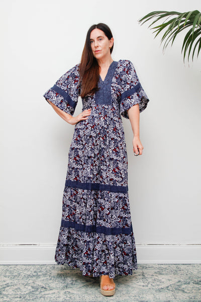 Vintage Cotton Kaftan Dress, Navy Ditsy Floral Bohemian Maxi