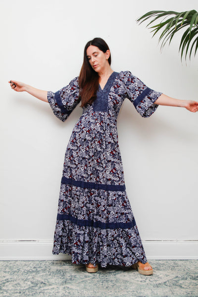 Vintage Cotton Kaftan Dress, Navy Ditsy Floral Bohemian Maxi