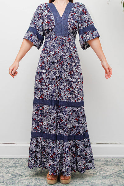Vintage Cotton Kaftan Dress, Navy Ditsy Floral Bohemian Maxi