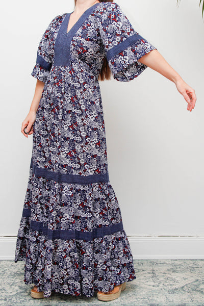 Vintage Cotton Kaftan Dress, Navy Ditsy Floral Bohemian Maxi