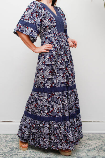 Vintage Cotton Kaftan Dress, Navy Ditsy Floral Bohemian Maxi