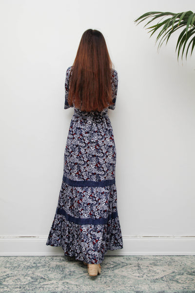 Vintage Cotton Kaftan Dress, Navy Ditsy Floral Bohemian Maxi